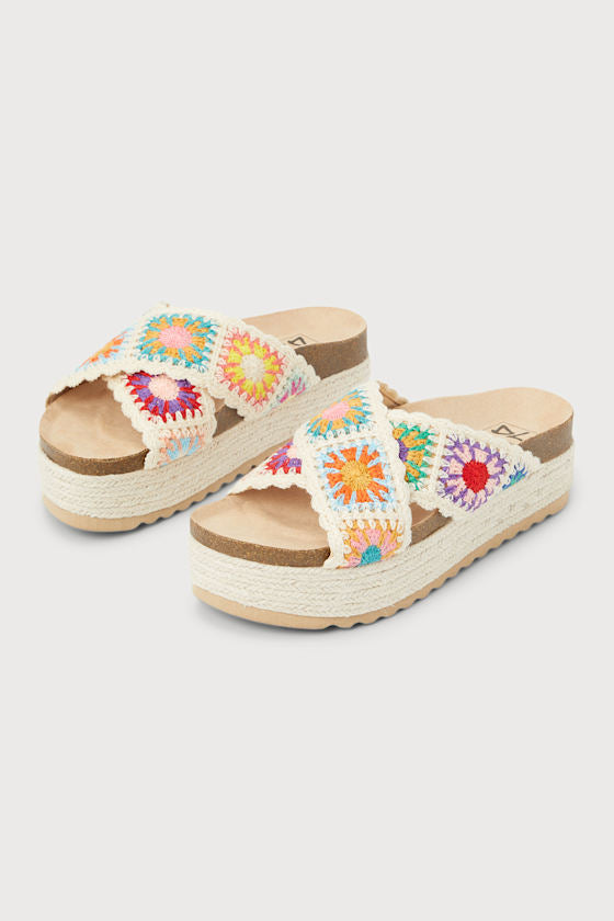 Plays Natural Multi Crochet Espadrille Flatform Slide Sandals