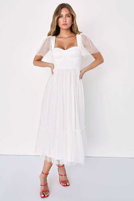 Dreamy Celebration White Tulle Bustier Swiss Dot Midi Dress