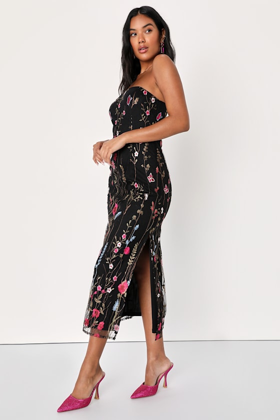 Bold Botanicals Pink Floral Embroidered Strapless Midi Dress
