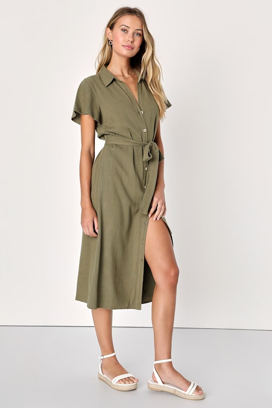 Italian Summer Black Linen Button-Up Short Sleeve Midi Dress