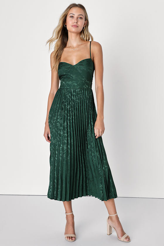 Regal Romance Sage Floral Jacquard Pleated Satin Midi Dress