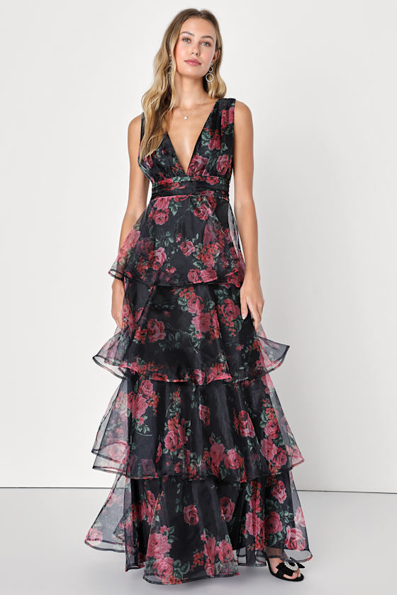 Garden Radiance Pink Floral Print Organza Tiered Maxi Dress