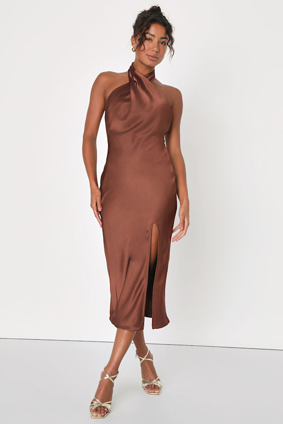 Beyond Classy Black Multi Abstract Print Satin Halter Midi Dress
