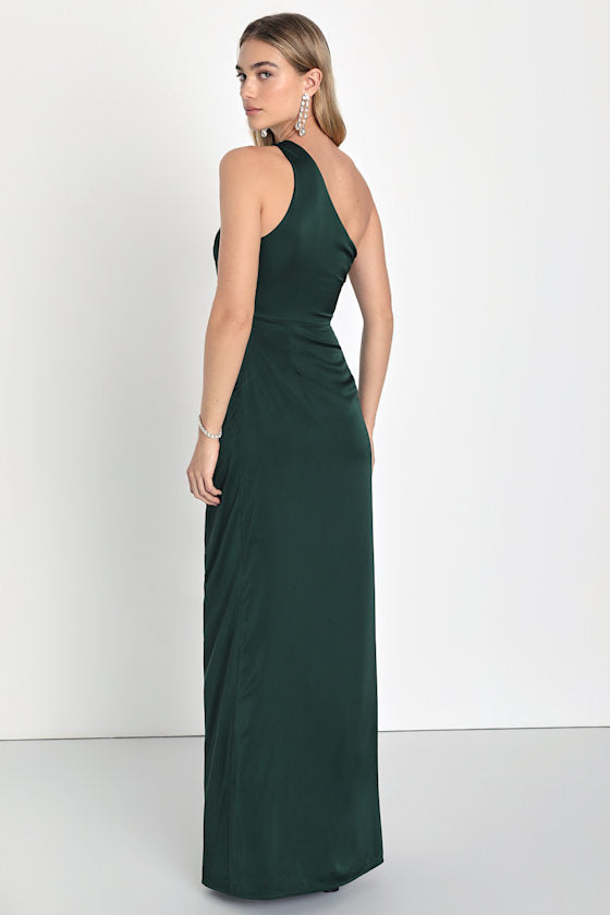Dreaming of Elegance Wine Red Satin One-Shoulder Maxi Dress