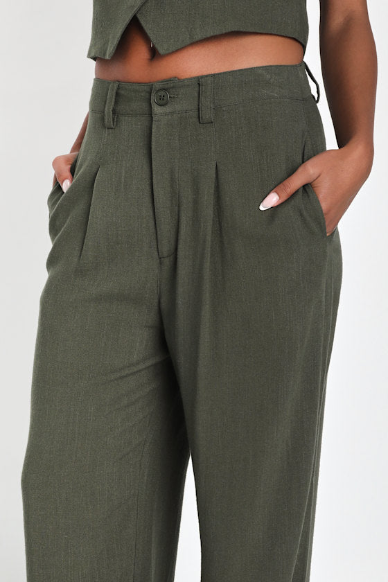 Suits You Perfectly Olive Green Linen Wide-Leg Pants