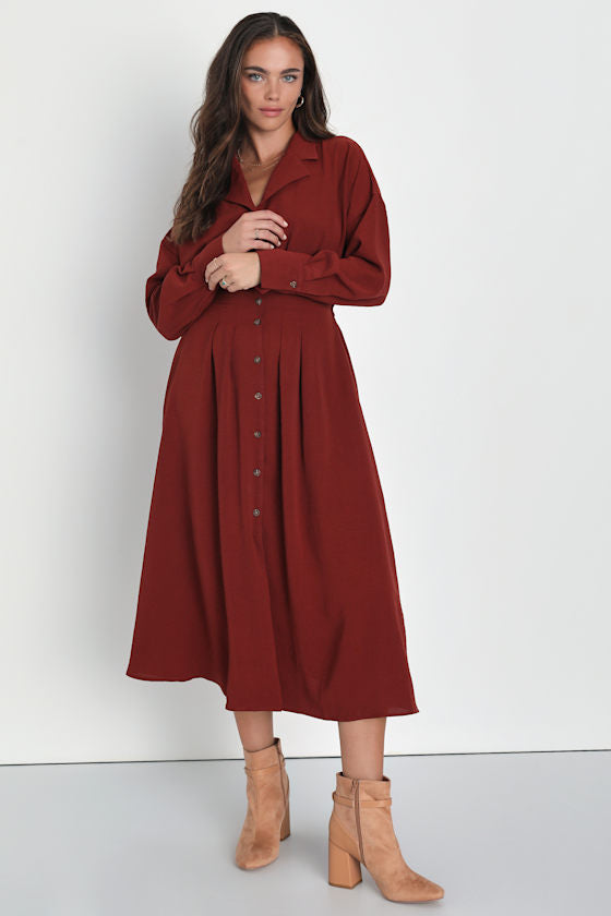 Timeless Class Dark Red Collared Button-Up Pleated Midi Dress