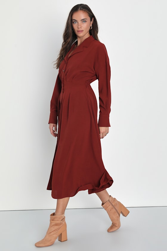 Timeless Class Dark Green Collared Button-Up Pleated Midi Dress