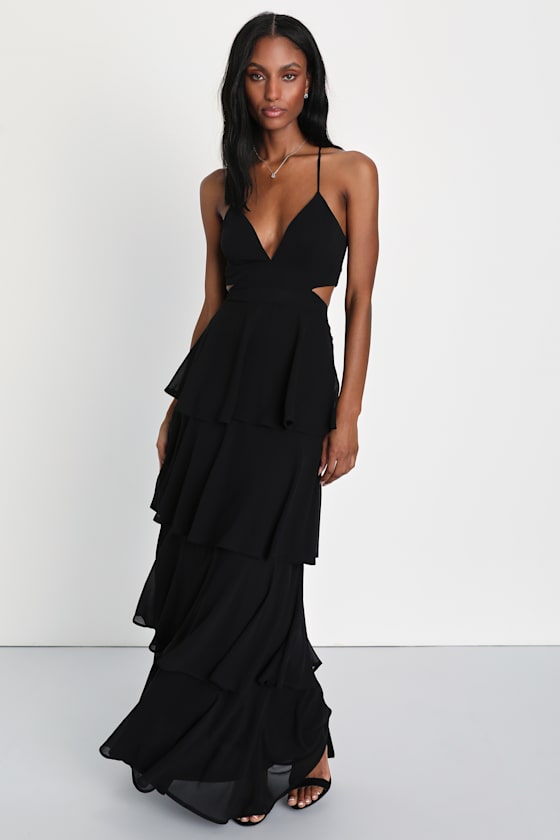 Tier and Now Blue Tie-Back Tiered Maxi Dress