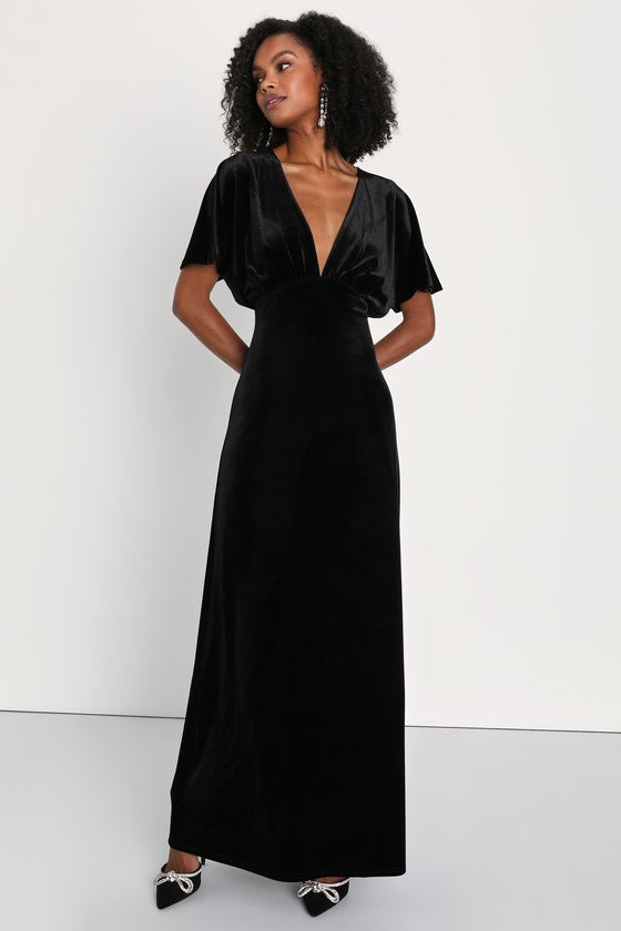 Mystical Charm Burgundy Velvet Flutter Sleeve Maxi Dress