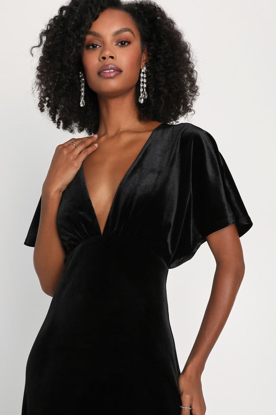 Mystical Charm Burgundy Velvet Flutter Sleeve Maxi Dress