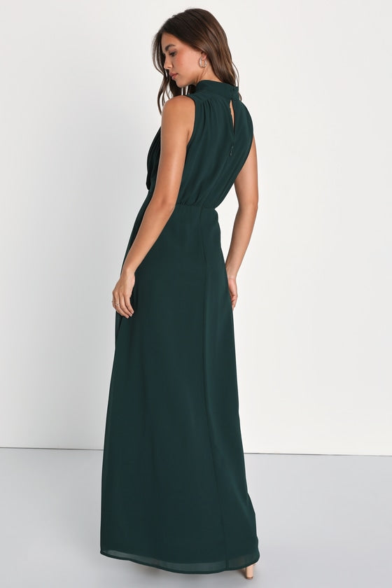 Classic Elegance Black Chiffon Sleeveless Mock Neck Maxi Dress