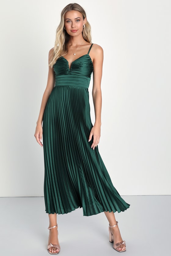 Fabulous Perfection Navy Blue Satin Pleated Midi Dress