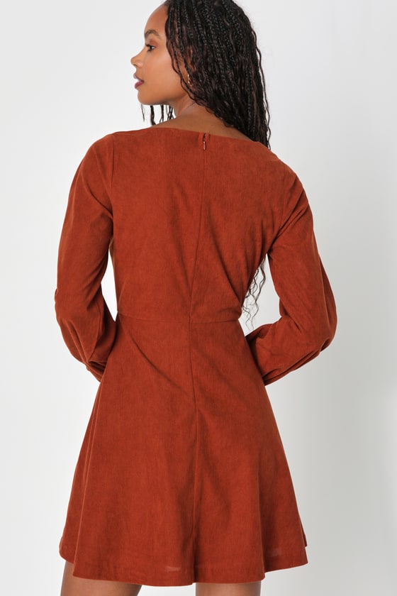 Daily Affection Brown Floral Corduroy Mini Dress With Pockets