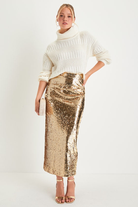 Dazzling Appearance Burgundy Sequin High-Rise Midi Skirt