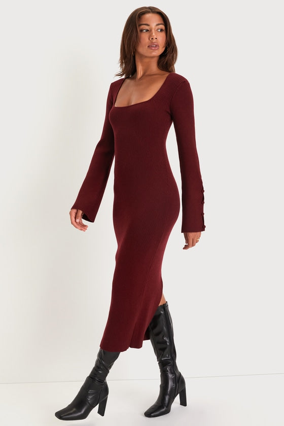 Classy Attitude Beige Ribbed Square Neck Midi Sweater Dress