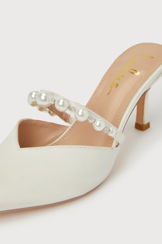 Daryll White Satin Pearl Pointed-Toe Mule Pumps