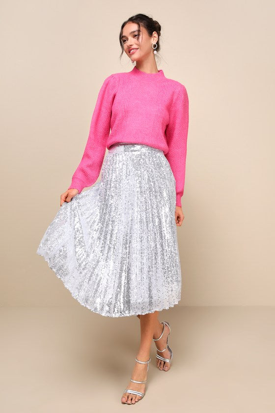 Glamorous Occasion Rose Gold Sequin Pleated Midi Skirt