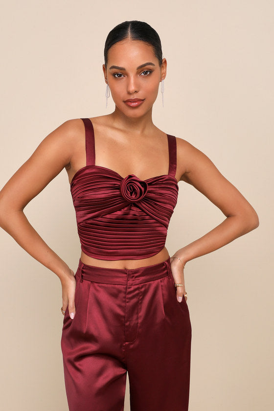 Flawless Behavior Black Satin Pleated Rosette Tank Top