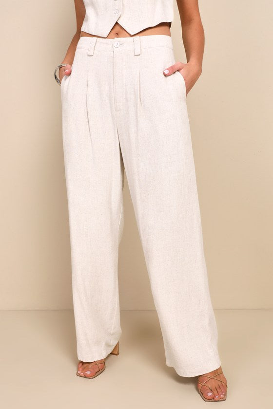 Suits You Perfectly Dark Blue Linen Wide-Leg Pants