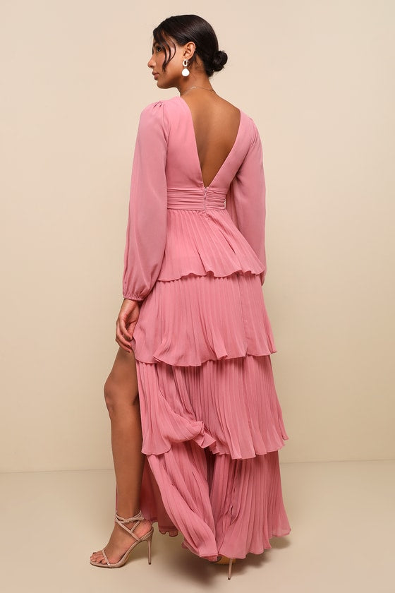 Graceful Finesse Plum Pleated Long Sleeve Maxi Dress