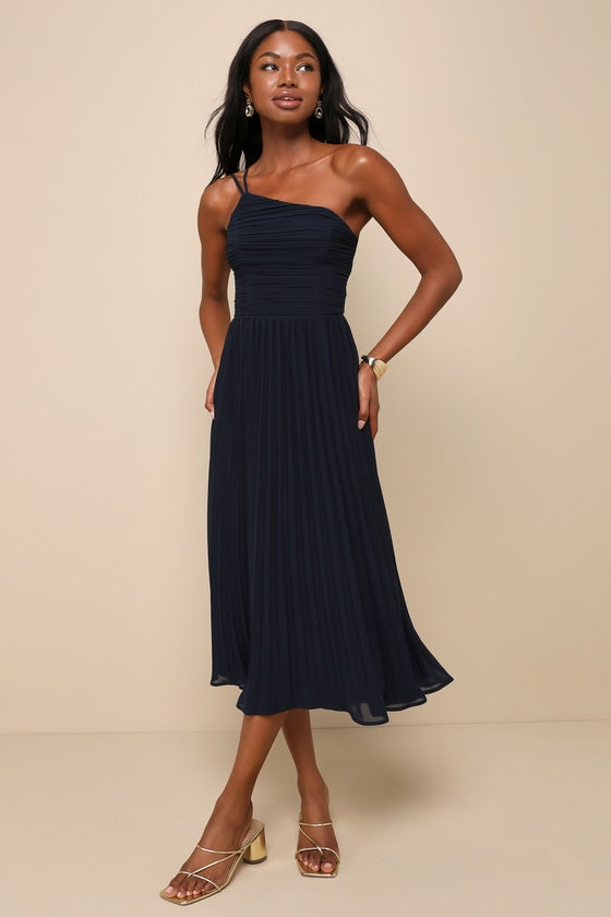 Wondrous Muse Rusty Rose Pleated One-Shoulder Midi Dress