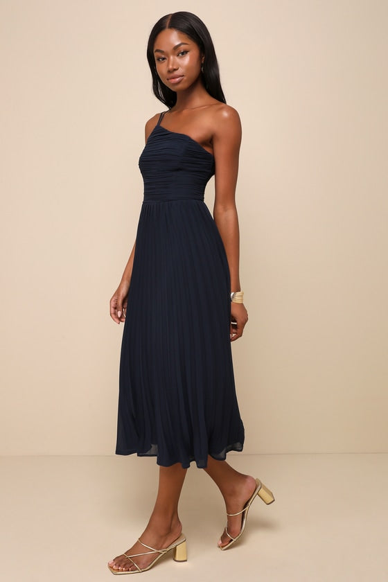 Wondrous Muse Rusty Rose Pleated One-Shoulder Midi Dress