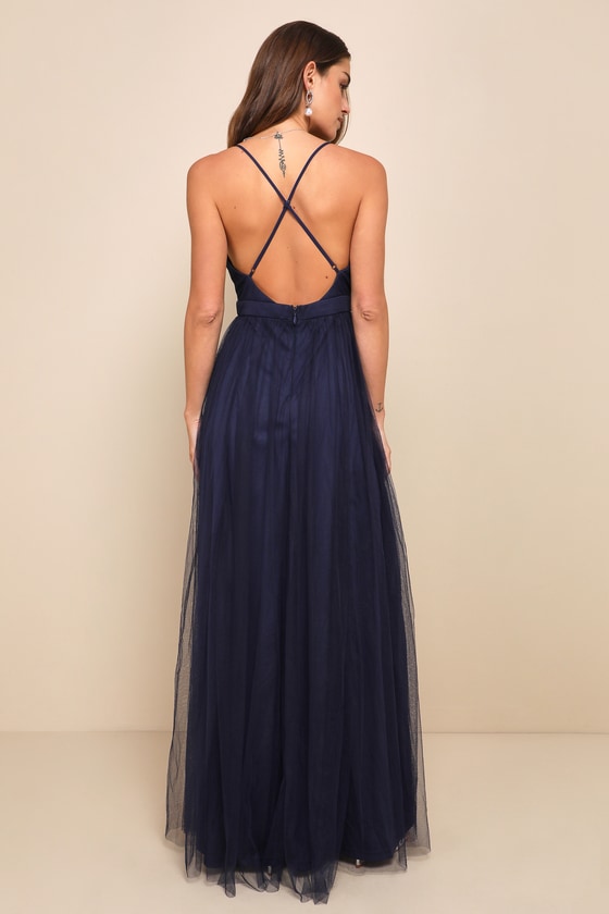 Rare Beauty Hunter Green Tulle Backless Maxi Dress