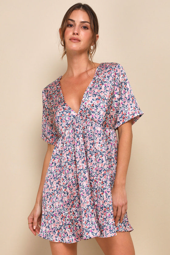 Express Yourself Pink Multi Floral Print Satin Babydoll Dress