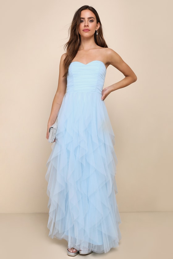 Delightful Beauty Yellow Strapless Ruched Ruffled Maxi Dress
