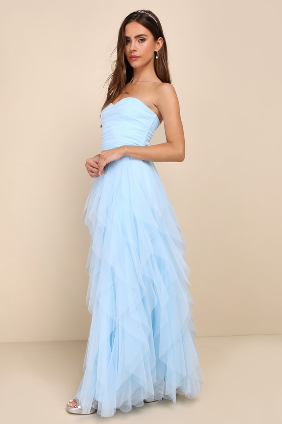 Delightful Beauty Pink Mesh Strapless Ruched Ruffled Maxi Dress