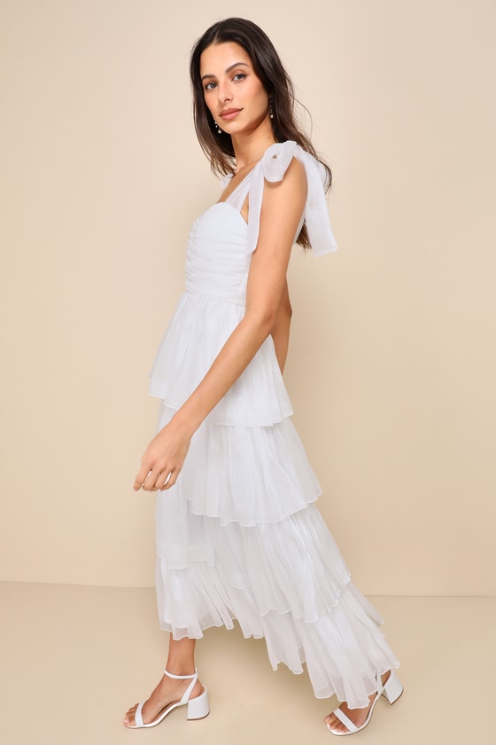 Radiant Arrival Shiny Gold Organza Tiered Tie-Strap Maxi Dress