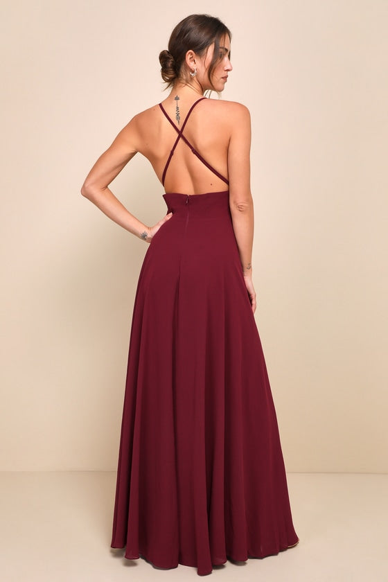 Dreamy Romance Burgundy Backless Maxi Dress