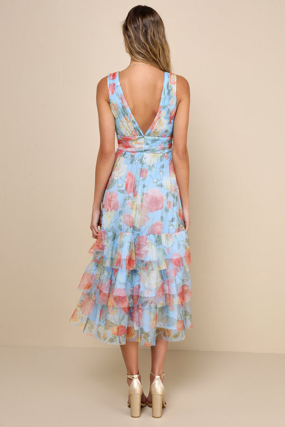 Perfectly Divine Pink Floral Tulle Tiered Ruffled Midi Dress