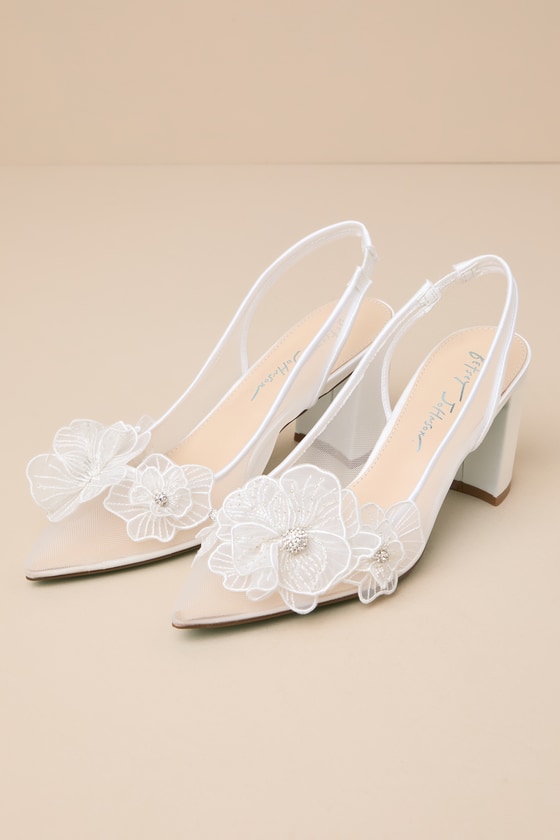 SB-Petra Ivory Mesh Satin Floral Rhinestone Slingback Pumps