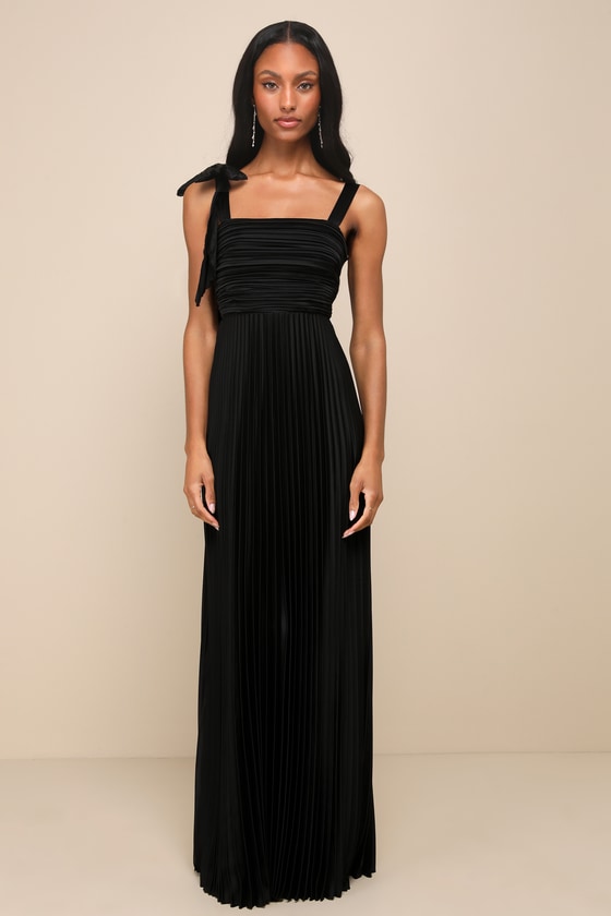 Gorgeous Purpose Slate Satin Pleated Sleeveless Bow Maxi Dress