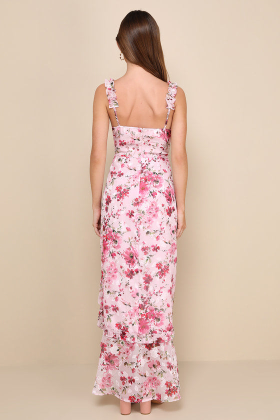 Lovable Spirit Orange Floral Burnout Ruffled High-Low Maxi Dress