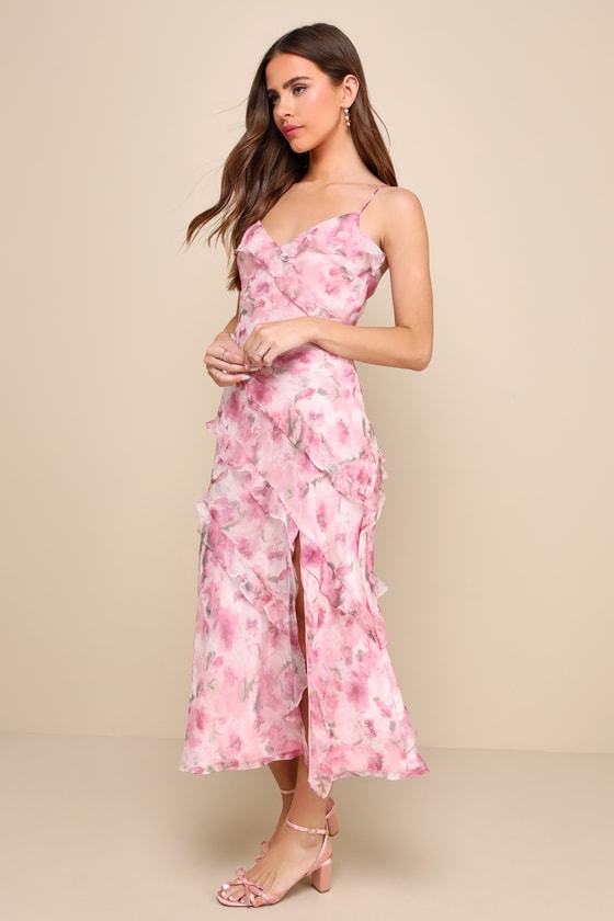 Dreamy Personality Yellow Floral Ruffled Sleeveless Midi Dress