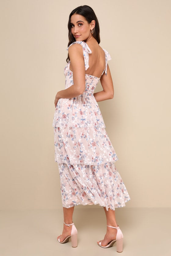 Flirtatious Radiance Blush Pink Floral Mesh Bustier Midi Dress