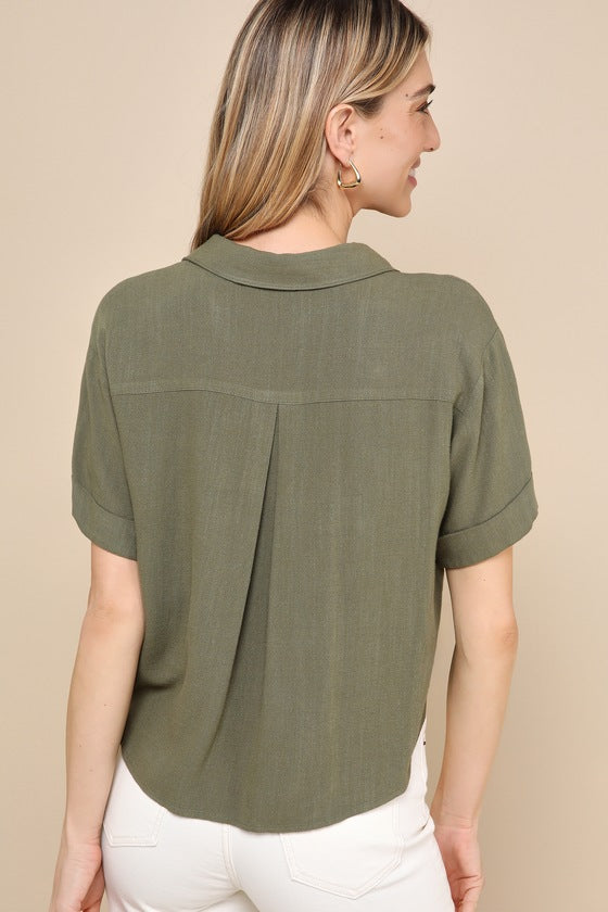 Summer Escapades Beige Linen Collared Button-Up Top
