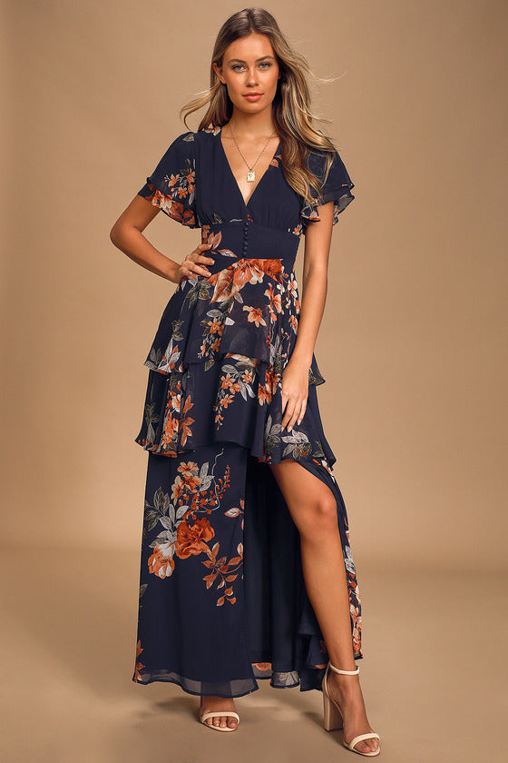 Midnight Mood Pink Floral Print Tiered Maxi Dress
