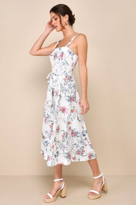 Sunny Posture Ivory Floral Sleeveless Midi Dress