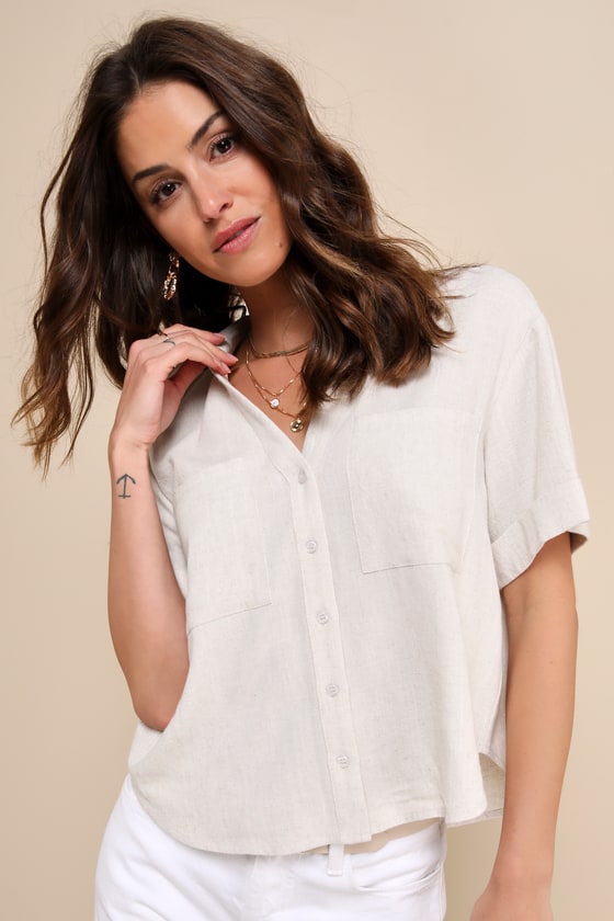 Summer Escapades Light Blue Linen Collared Button-Up Top