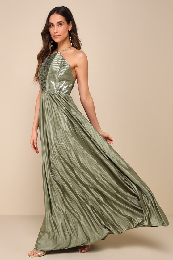Elaborate Charm Navy Blue Satin Pleated Backless Maxi Dress