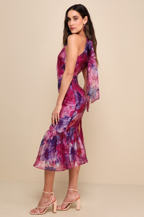 Admirable Essence Magenta Floral Organza Trumpet Midi Dress