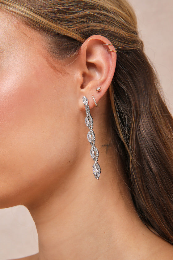 Upscale Direction Silver Rhinestone Drop Earrings
