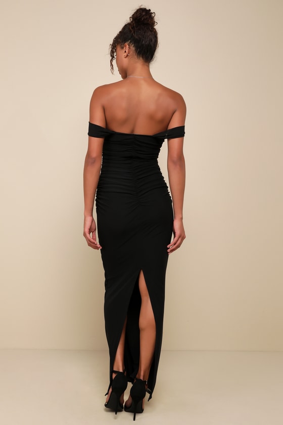 Amazing Presence Slate Blue Mesh Ruched Column Maxi Dress