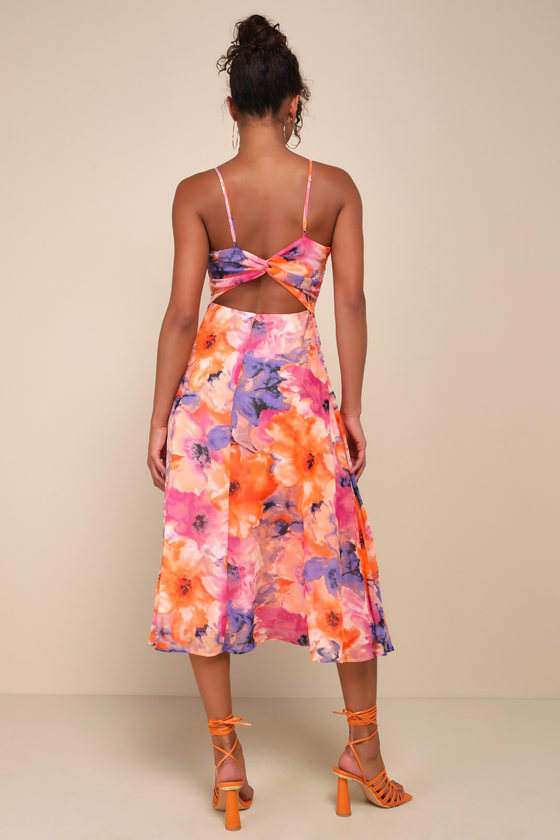 Radiant Feelings Navy and Pink Floral Chiffon Midi Dress
