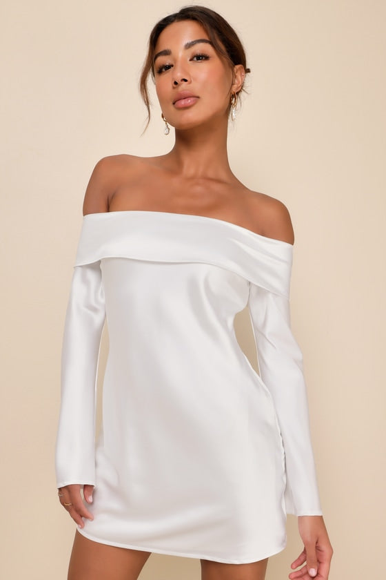 Luxurious Vision Brown Satin Off-the-Shoulder Mini Dress