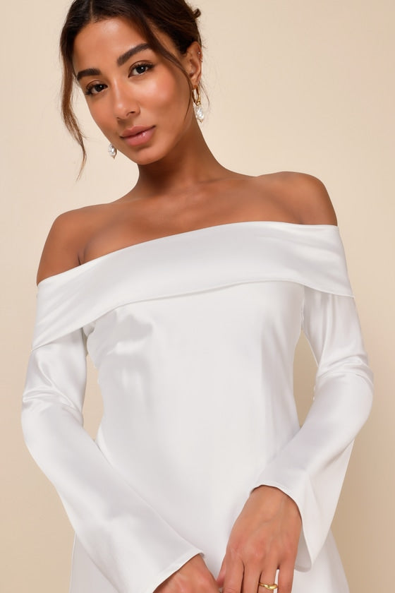 Luxurious Vision Olive Green Satin Off-the-Shoulder Mini Dress