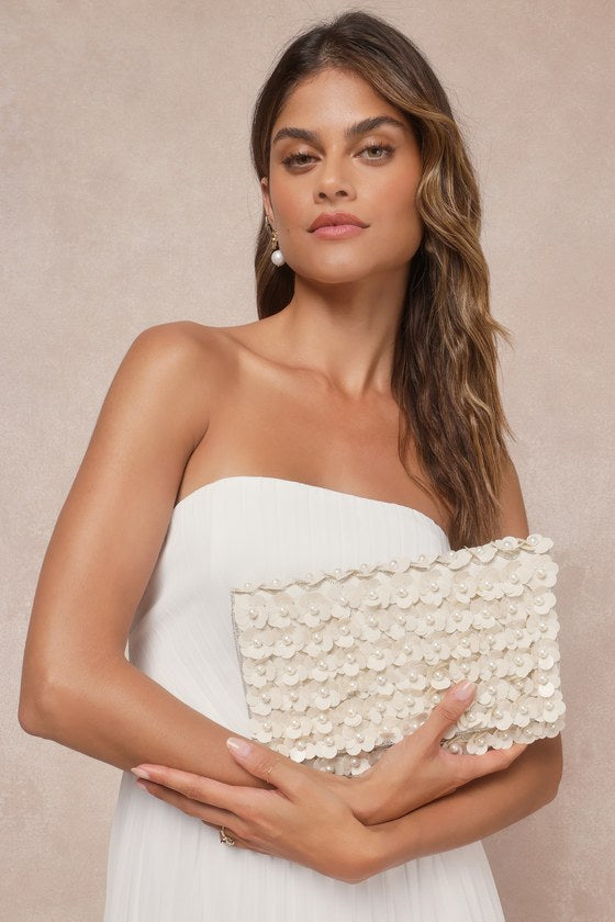 Sparking Perfection Ivory Floral Sequin Pearl Clutch